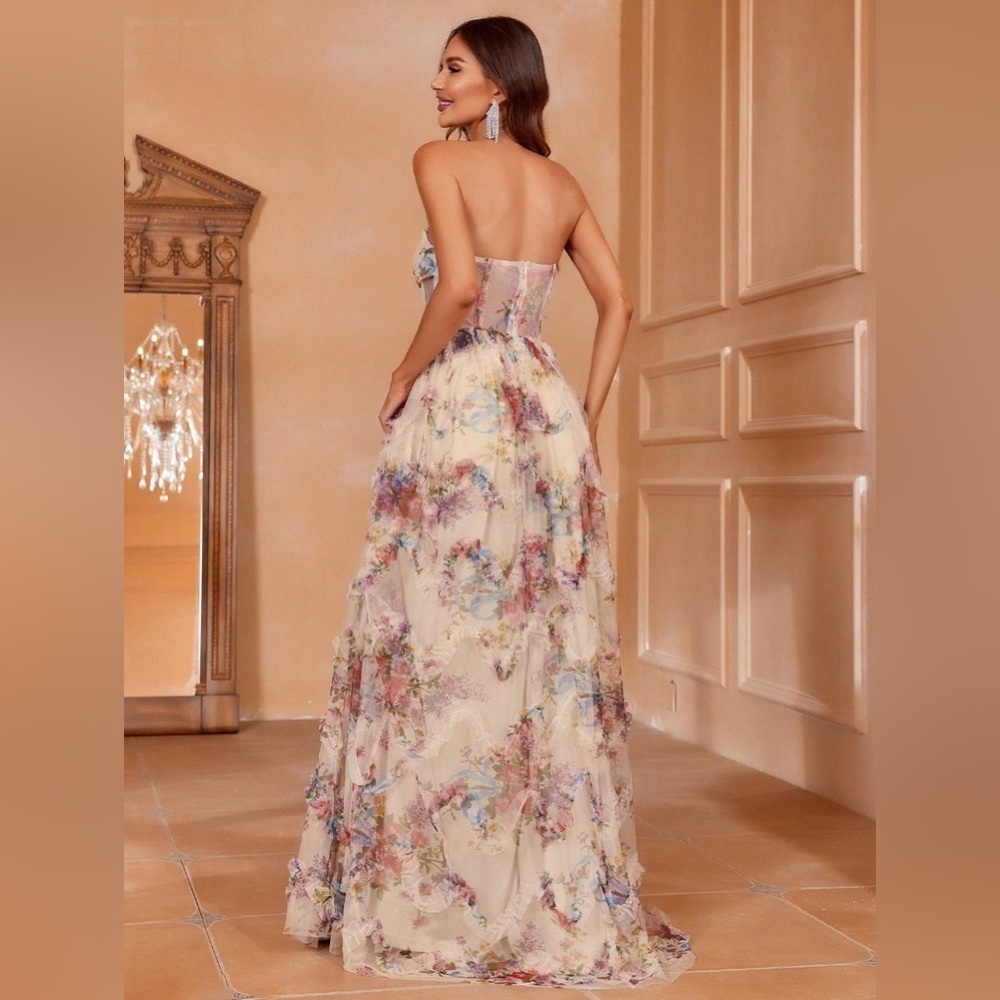 Faeriesty Ruched Bustier Ruffle Trim Hem Floral Print Tube Dress - Picture 3 of 12